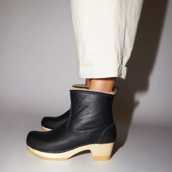 No. 6 Shoes - No.6 5" Pull On Shearling Clog Boot on Mid Heel in Ink Aviator